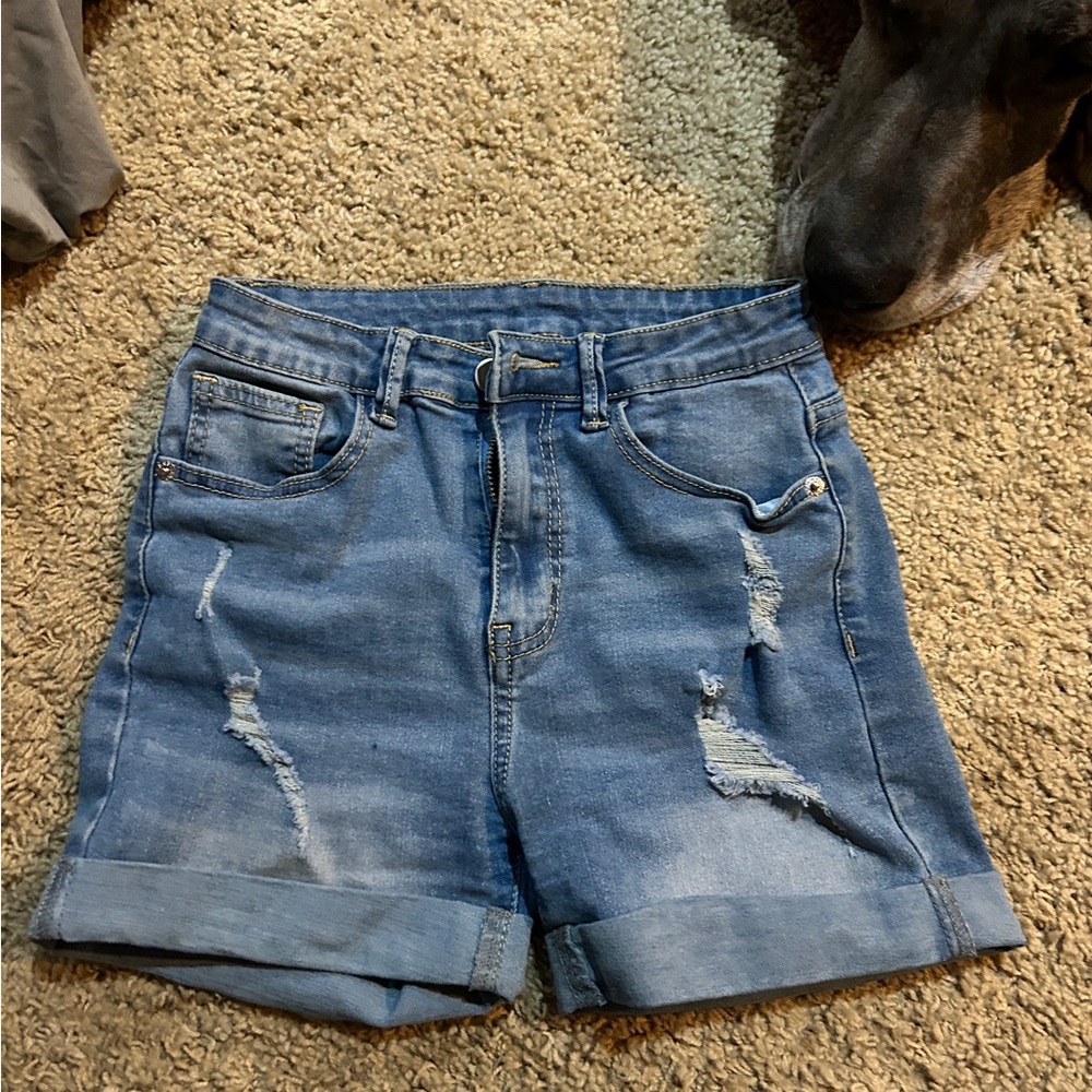SHEIN Blue High-Waisted Jean Shorts with Distressing